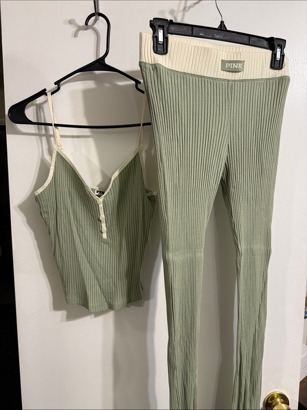 PINK Ribbed Olive Green & Cream Tank Top and Leggings Set
